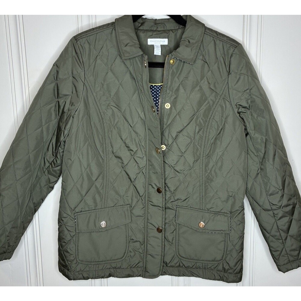 Women's Quilted Jacket Size Medium Petite Green Utility Zipper Snaps Lightweight
